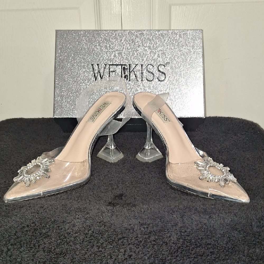 Wet Kiss Silver & Clear Jelly Stiletto Heels with Embellished Toe - 9